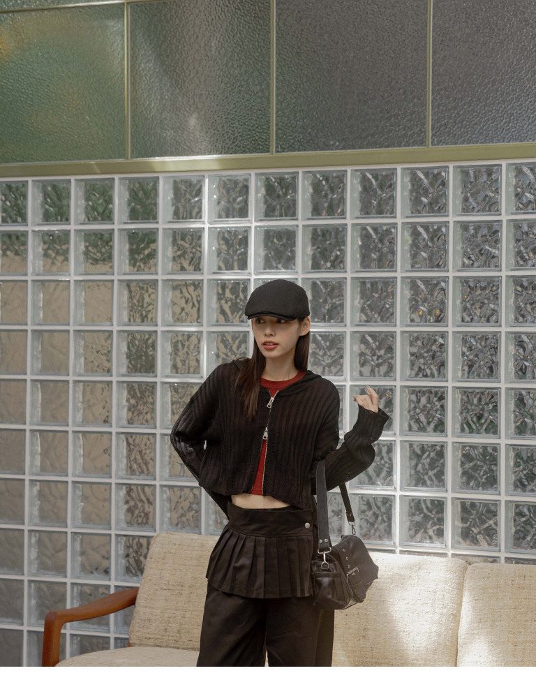 Hollow-out knitted short cardigan with double-ended zipper and hood, available in two colors.【02011228】in stock+pre-order