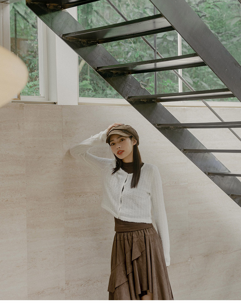 Fleece-feel button-down knit cropped long-sleeved cardigan - White S/M【02071725】in stock+pre-order