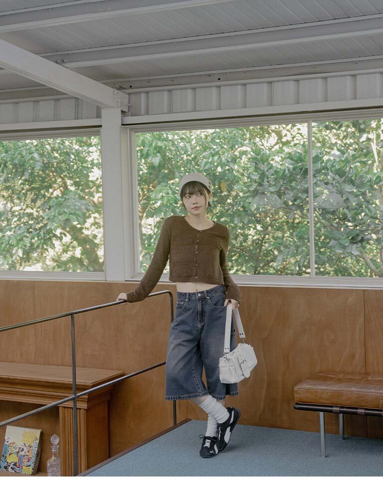 Fleece-feel button-down knit cropped long-sleeved top/jacket - Coffee Size S/M【02071727】in stock+pre-order