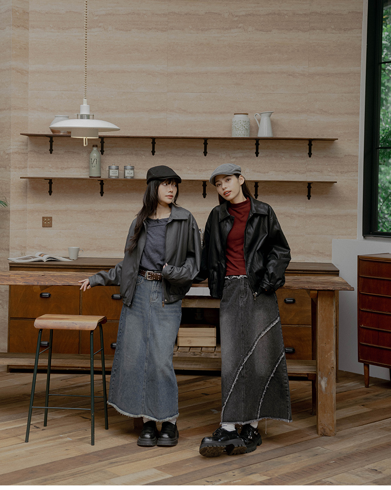 Vintage-wash raw-hem denim maxi skirt with belt (XS-L)【03021727】in stock+pre-order