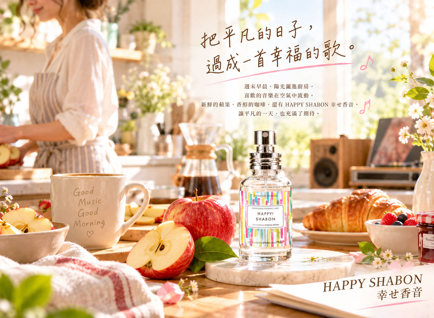 HAPPY SHABON 幸せ香音，早晨女孩在明亮廚房準備早餐，桌上擺放香水、紅蘋果、咖啡、音樂，展現輕鬆愉快的氛圍。