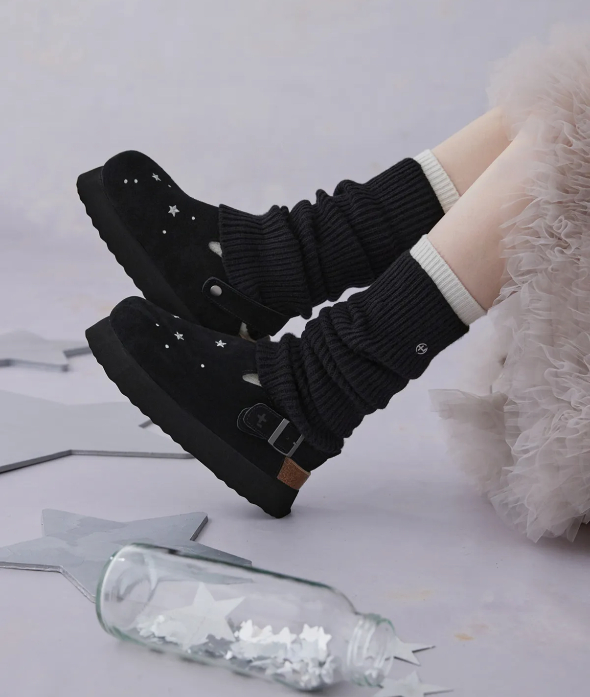 韓國🇰🇷連線 OTZ TOPI STARDUST CLOG 星塵刺繡厚底勃肯鞋 厚底 增高 穆勒鞋 懶人鞋 黑色 麂皮 女鞋 / 預購