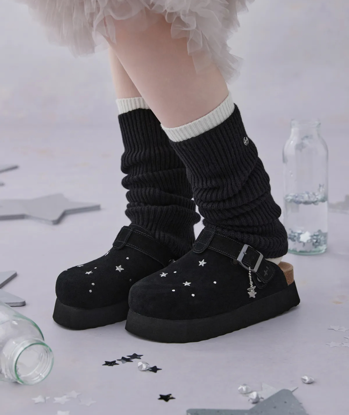 韓國🇰🇷連線 OTZ TOPI STARDUST CLOG 星塵刺繡厚底勃肯鞋 厚底 增高 穆勒鞋 懶人鞋 黑色 麂皮 女鞋 / 預購