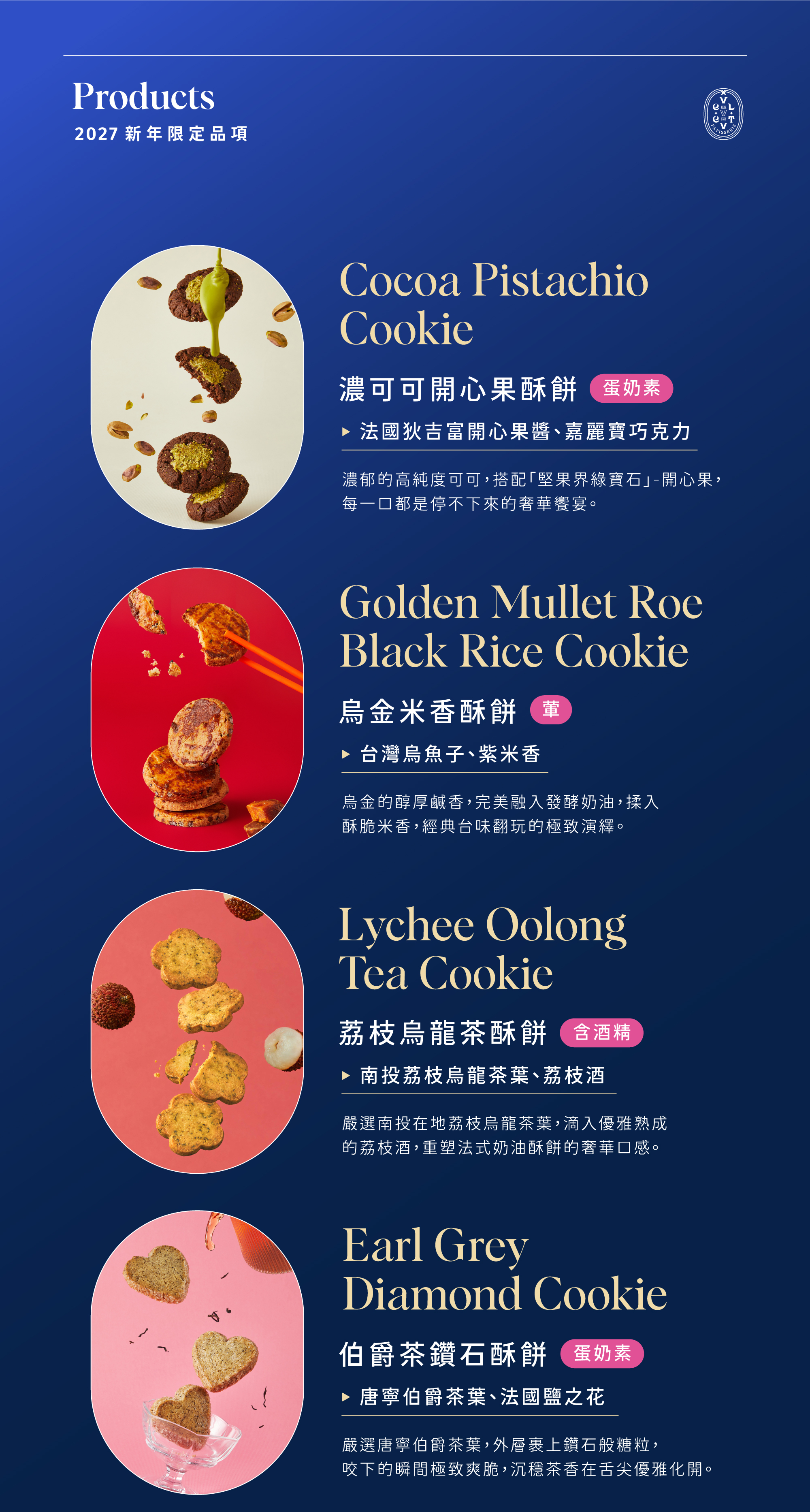 甜點介紹（濃可可開心果酥餅、烏金米香酥餅、荔枝烏龍茶酥餅、伯爵茶鑽石酥餅）