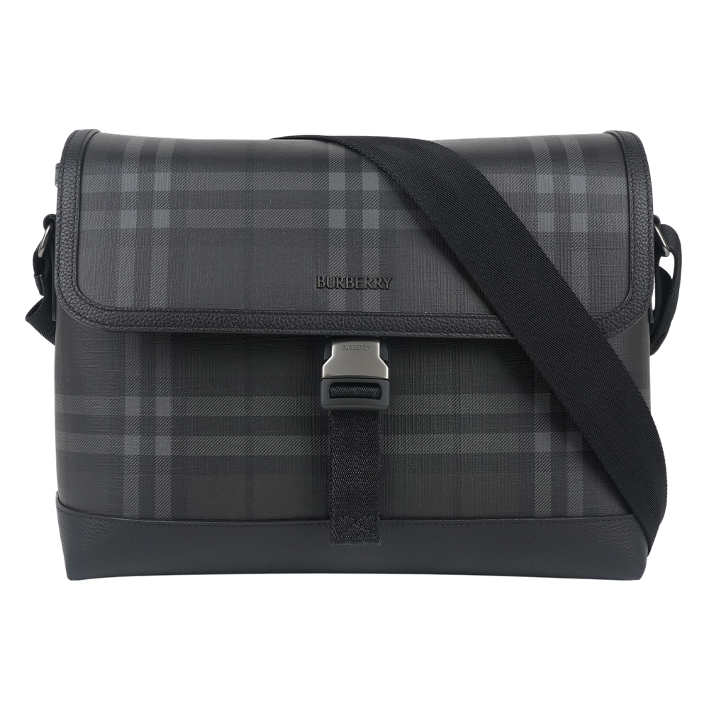 【Burberry】City 格紋塗層帆布中款釦式郵差包(鐵灰色)