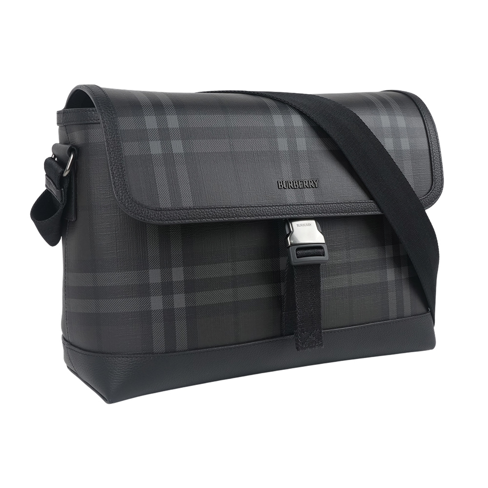 【Burberry】City 格紋塗層帆布中款釦式郵差包(鐵灰色)