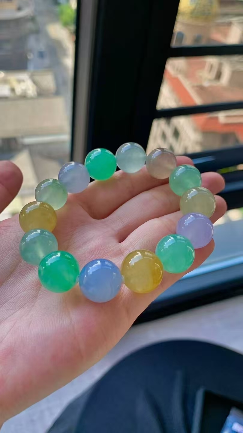 翡翠色陽起膠珠子手串 (13.3-14.1mm直徑),天然翡翠A玉, 緬甸玉, Jade, Jadeite