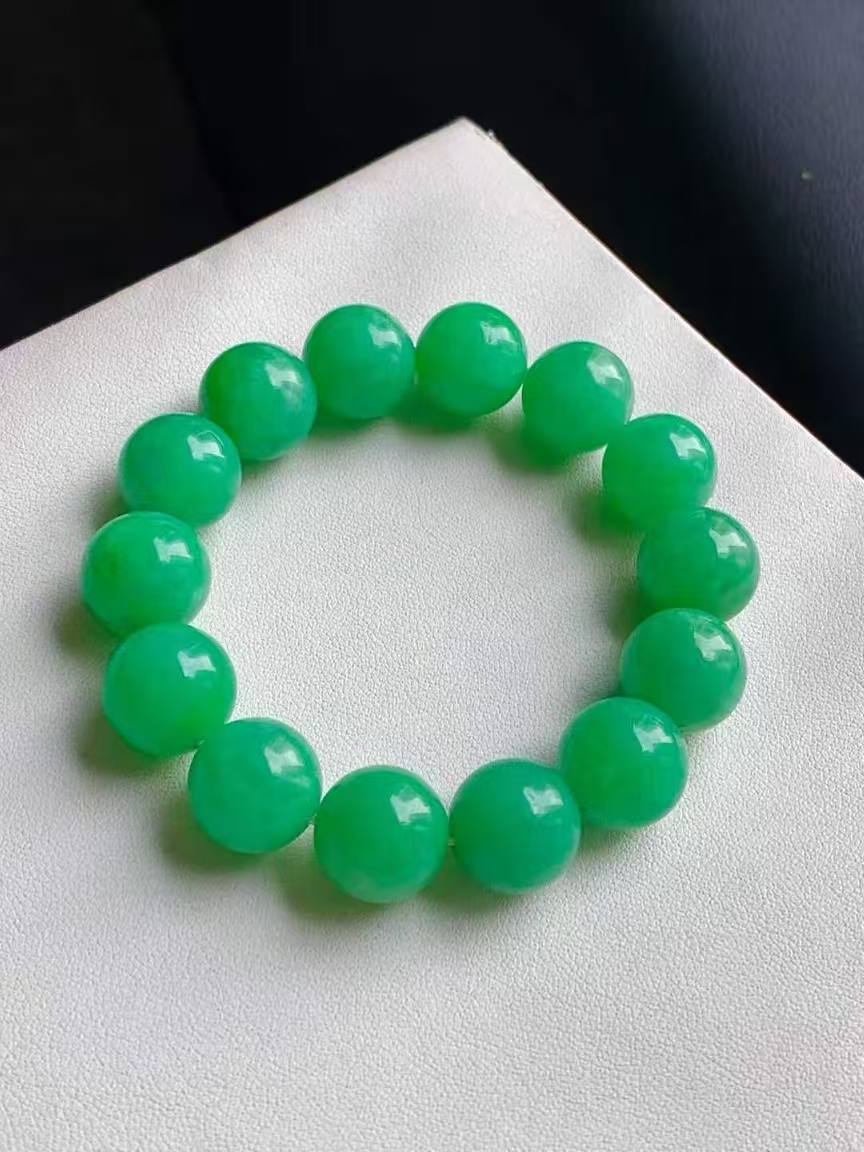 翡翠色陽起膠珠子手串 (13.4-13.7mm直徑),天然翡翠A玉, 緬甸玉, Jade, Jadeite