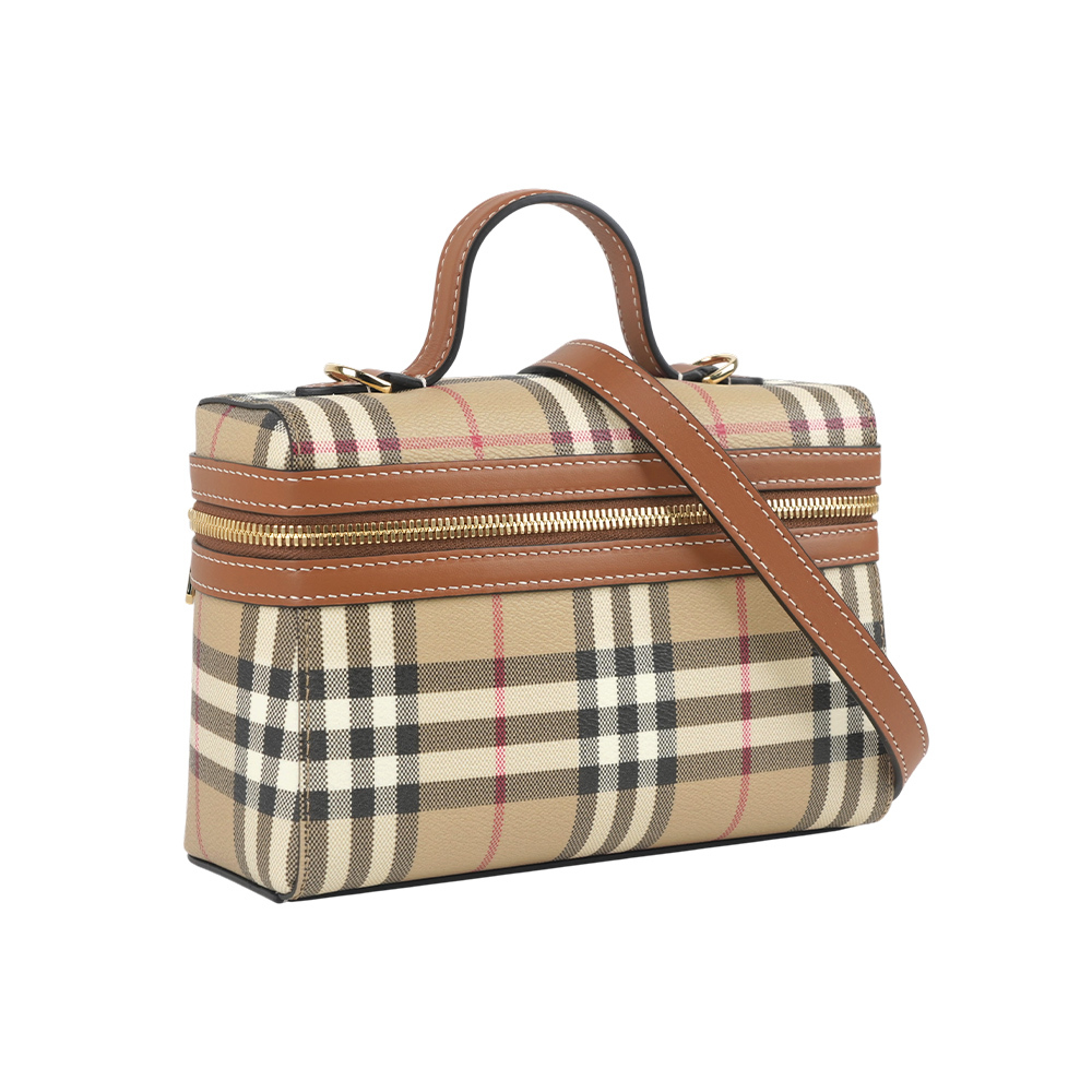 【Burberry】Vanity 塗層帆布及小牛皮化妝包/二用包(石楠棕色)