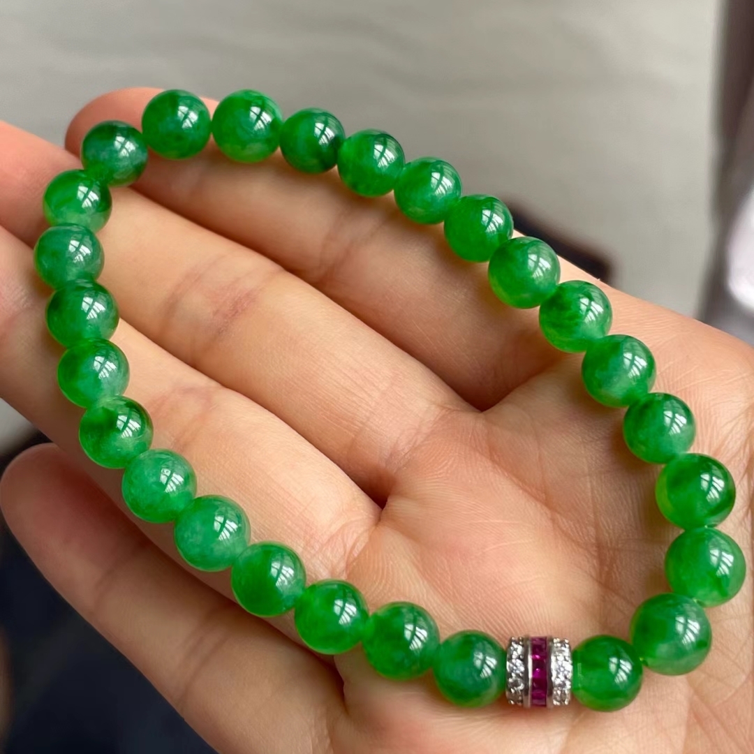 翡翠高冰陽綠手串 (6.8-7.6mm直徑),天然翡翠A玉, 緬甸玉, Jade, Jadeite