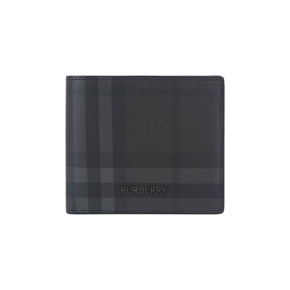 【Burberry】City 格紋塗層帆布對開零錢袋短夾(鐵灰色)