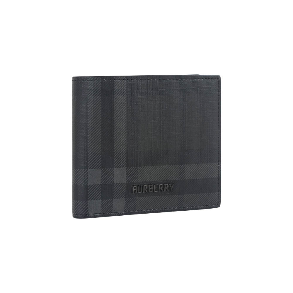 【Burberry】City 格紋塗層帆布對開零錢袋短夾(鐵灰色)
