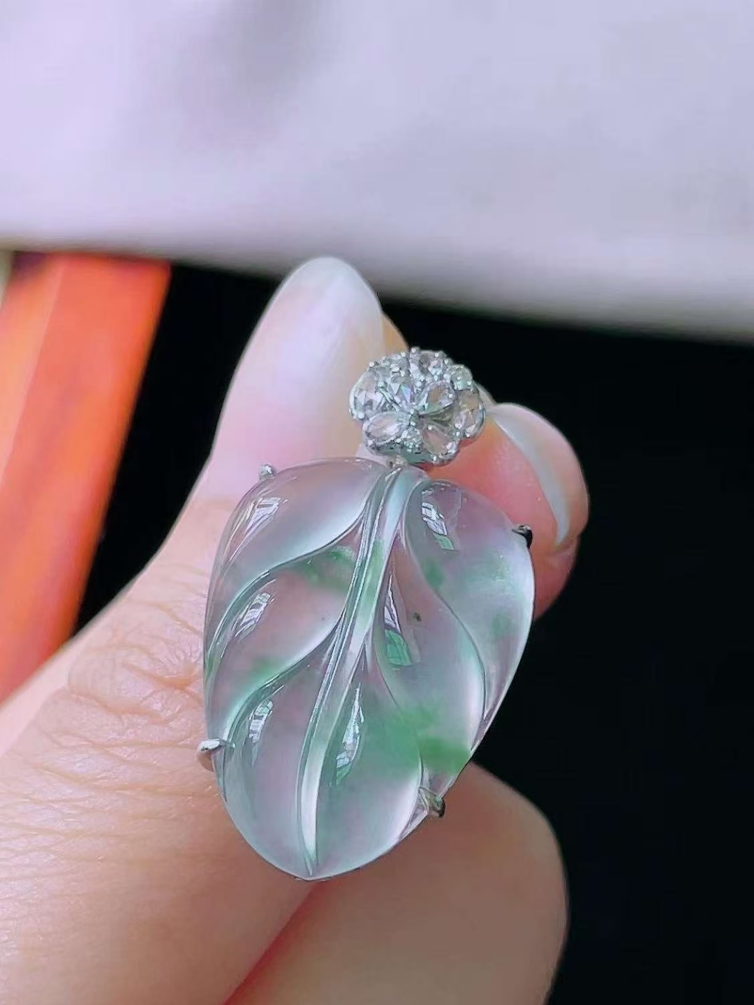 翡翠高冰飄花葉子吊墜,天然翡翠A玉, 緬甸玉, Jade, Jadeite