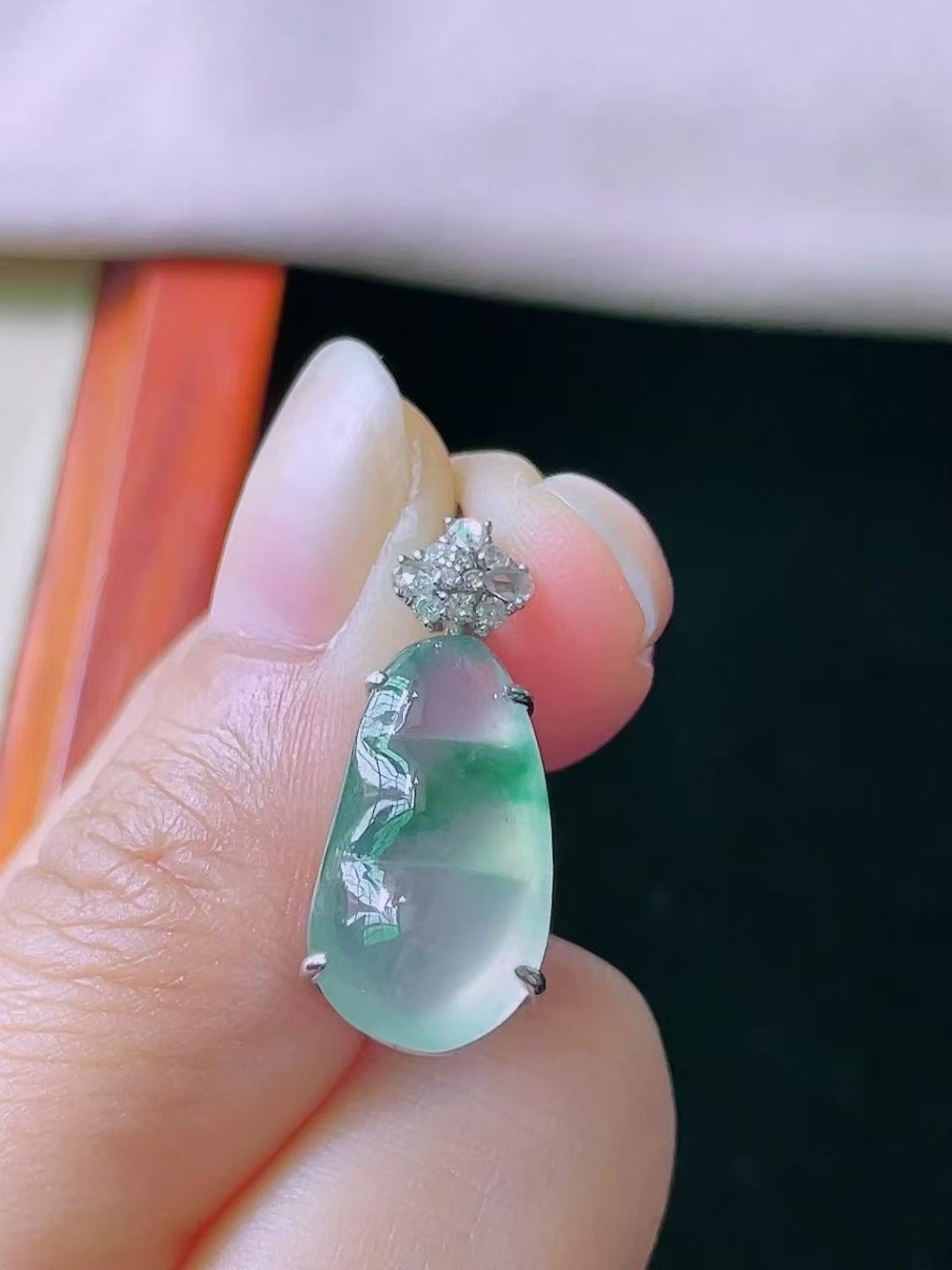 翡翠高冰飄花福豆吊墜,天然翡翠A玉, 緬甸玉, Jade, Jadeite