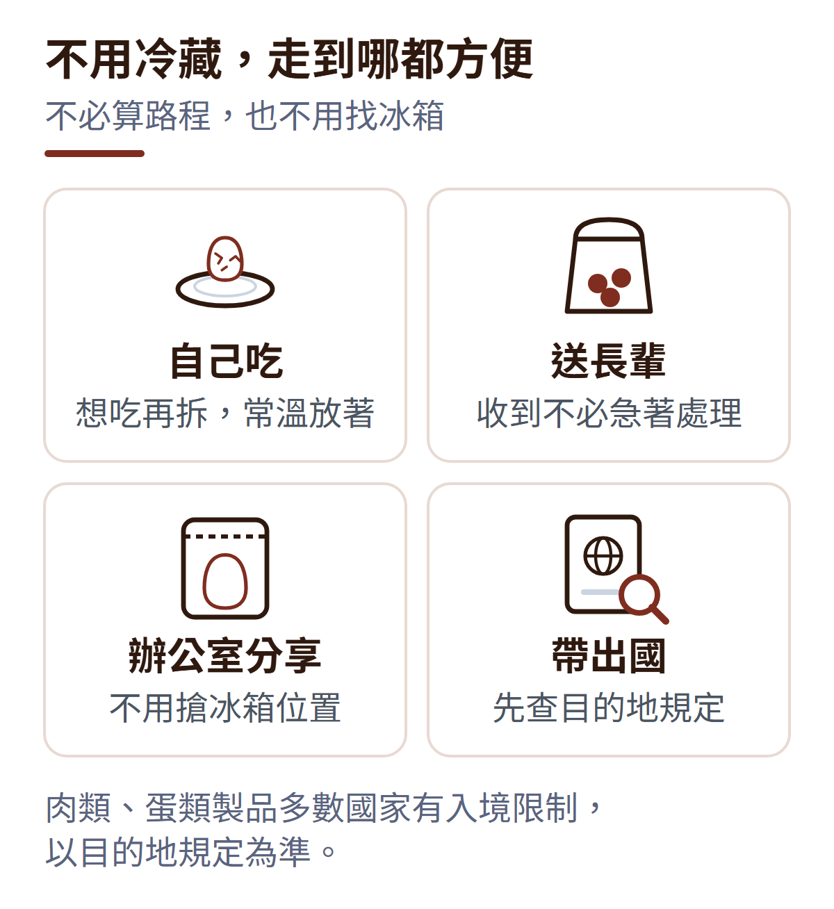 不用冷藏,走到哪都方便:自己吃,想吃再拆、常溫放著;送長輩,收到不必急著處理;辦公室分享,不用搶冰箱位置;帶出國,先查目的地規定。肉類、蛋類製品多數國家有入境限制,以目的地規定為準。