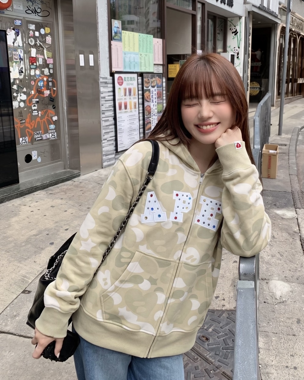 APEE 愛心 迷彩 美式復古 連帽外套 滿版 落肩 卡其 粉色