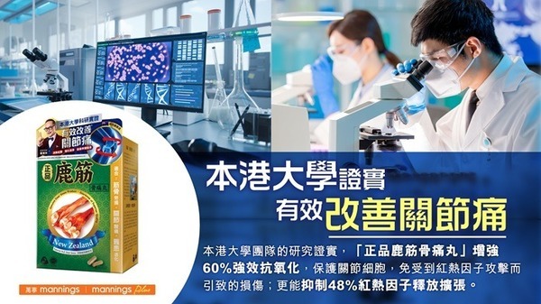 本港大學證實有效改善關節痛:實驗室研究員使用顯微鏡,產品包裝與研究數據顯示增強60%抗氧化並抑制48%紅熱因子釋放