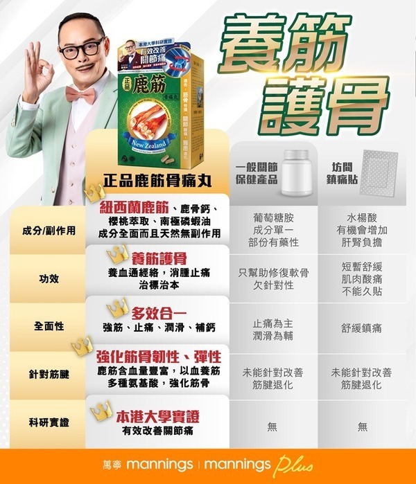 養筋護骨成分比較表:正品鹿筋骨痛丸以紐西蘭鹿筋、鹿骨鈣、櫻桃萃取、南極磷蝦油全面養筋護骨,對比一般葡萄糖胺產品與鎮痛貼的功效差異