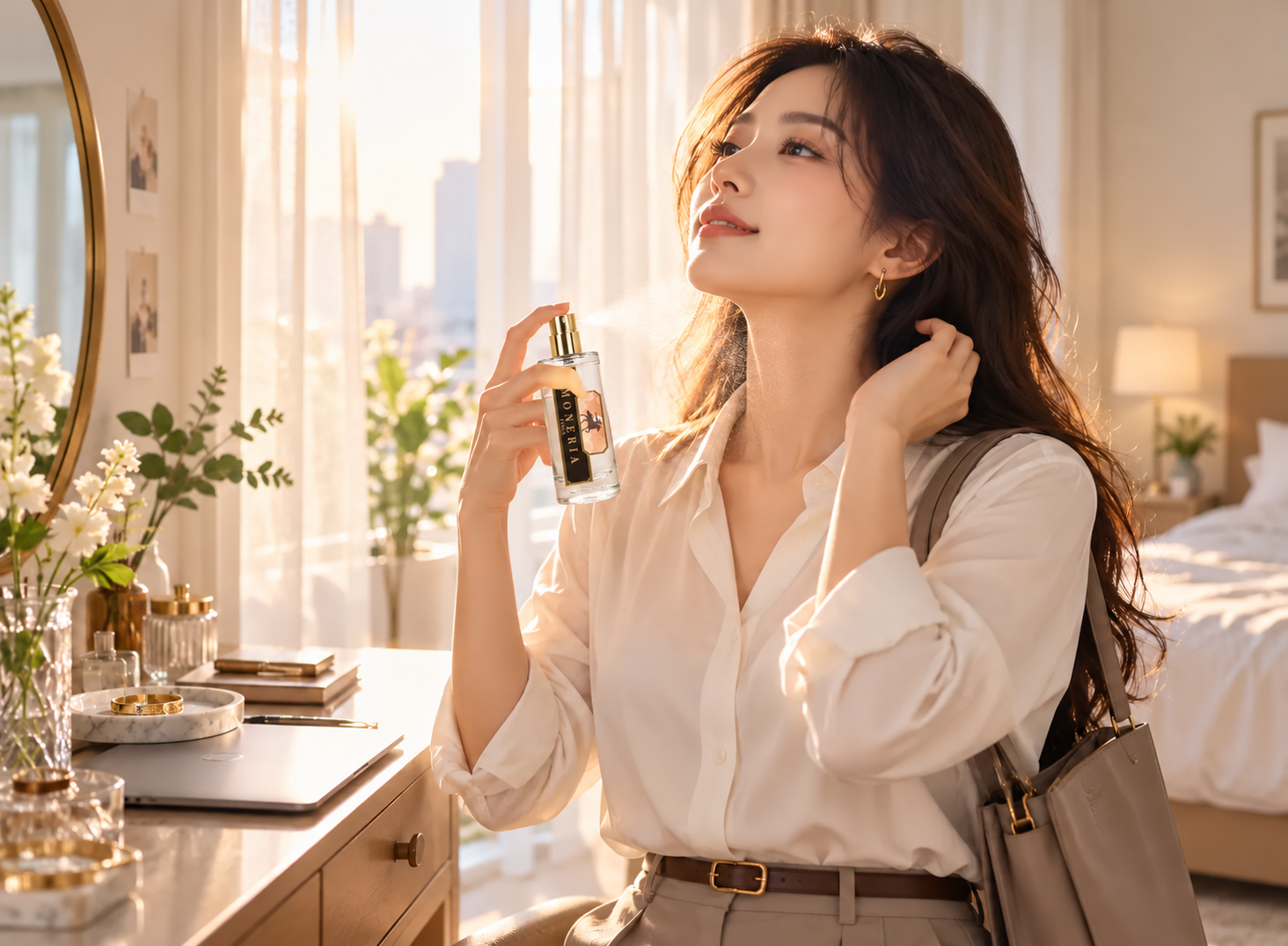 MONERIA 天心 柑橘花香調,晨光中的都會女性穿著白襯衫,出門前輕噴香水,展現清新自然、自信優雅的日常氣質。