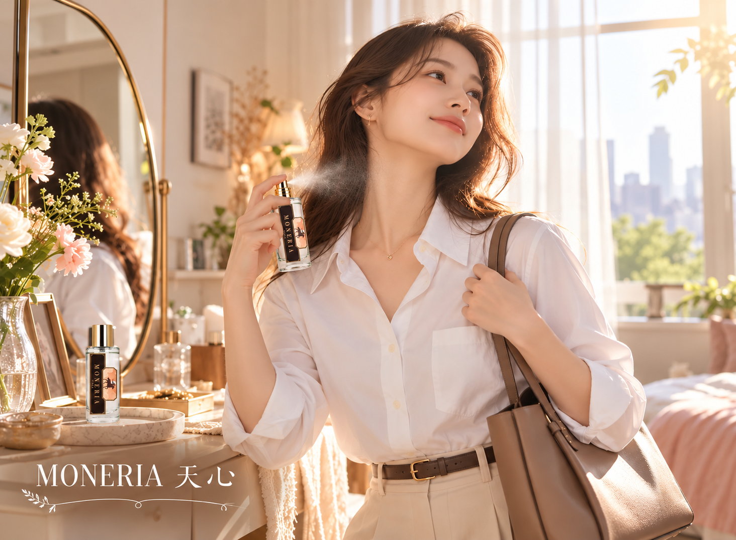 MONERIA 天心 柑橘花香調,女孩在溫暖晨光下準備出門,手持香水輕噴頸側,,呈現自然優雅的生活情境。