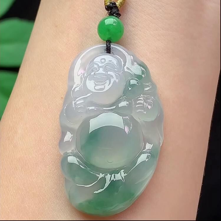 翡翠冰種飄花熒光布袋佛,天然翡翠A玉, 緬甸玉, Jade, Jadeite