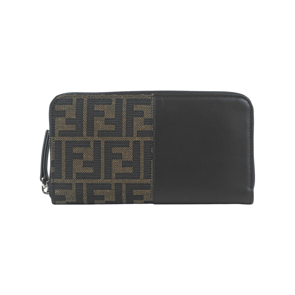 【Fendi】FF Logo 帆布拼接小牛皮拉鍊長夾(棕色/黑色)
