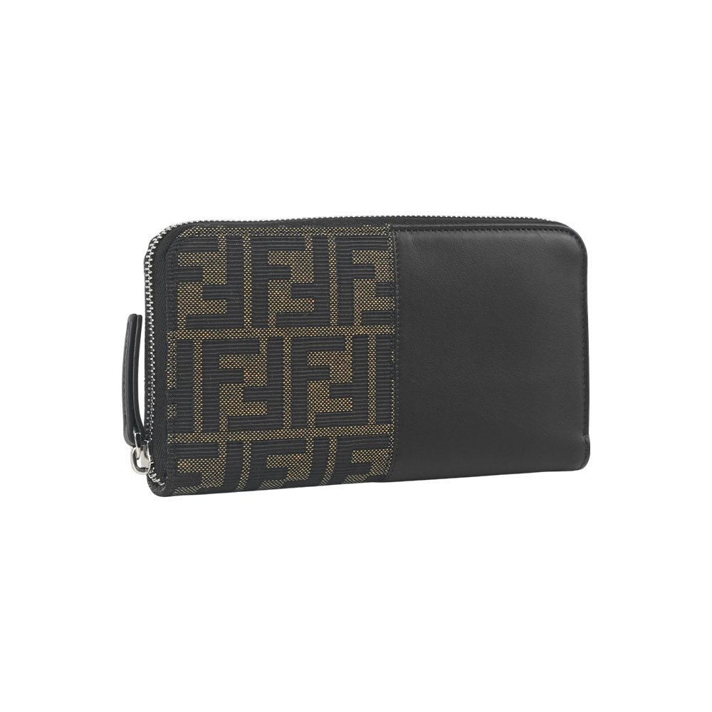 【Fendi】FF Logo 帆布拼接小牛皮拉鍊長夾(棕色/黑色)