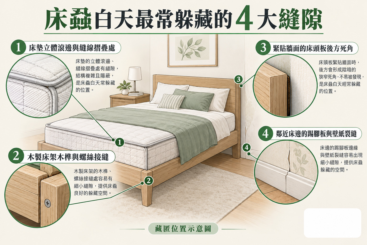 臥室床墊滾邊、床架接縫與床頭板後方等床蝨白天常見藏匿縫隙圖解