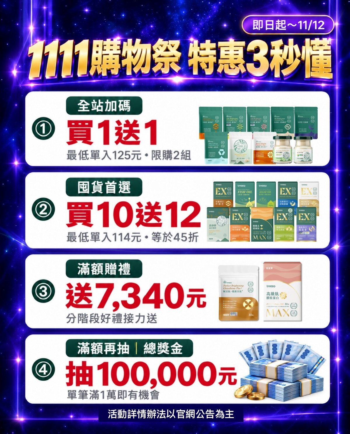 1111購物祭特惠3秒懂：全站買1送1、買10送12最低114元、滿額送7,340、抽10萬