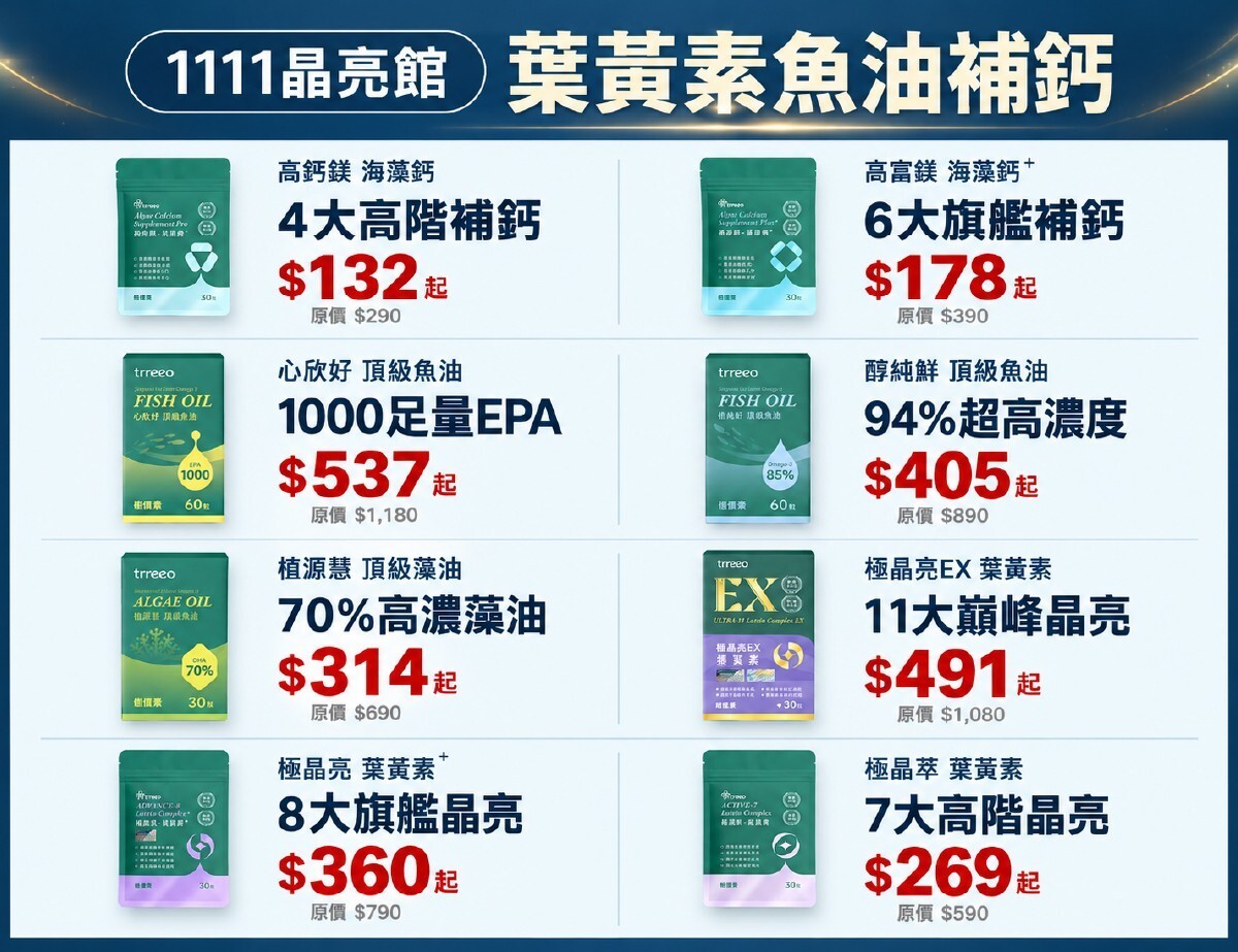 1111晶亮館：葉黃素魚油補鈣，132元起